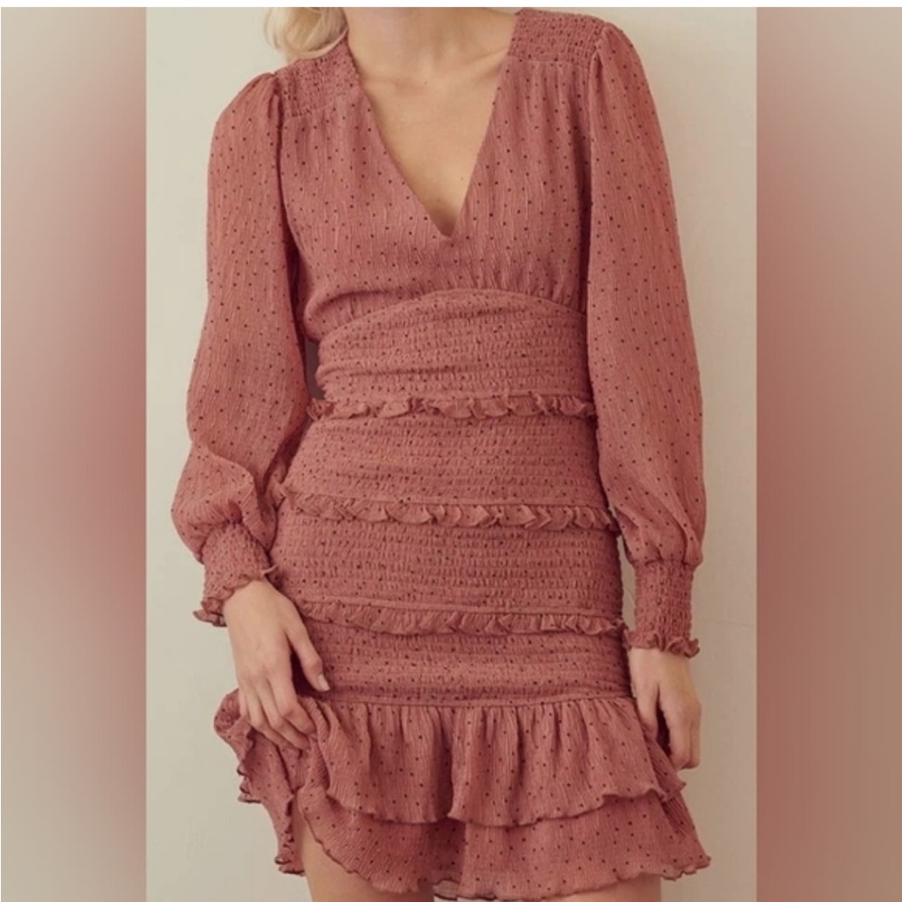 STORIA POLKA DOT SMOCKED WAIST TEXTURED RUFFLED IN DUSTY ROSE MINI DRESS SZ M